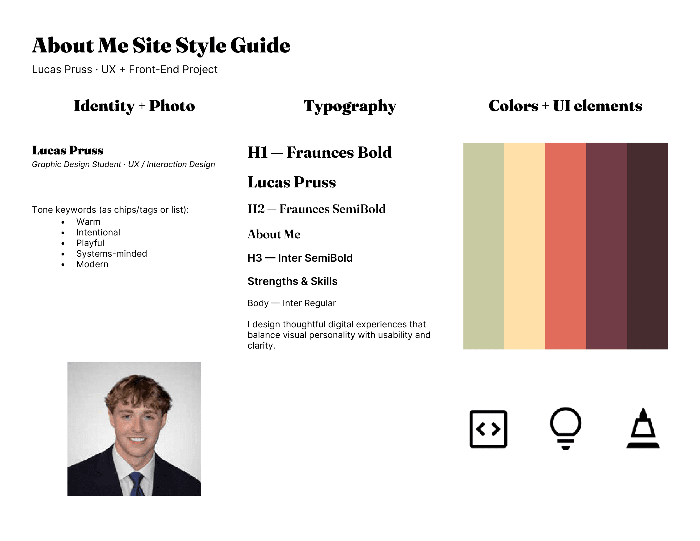 About Me site style guide: identity, typography system, color palette, and UI elements