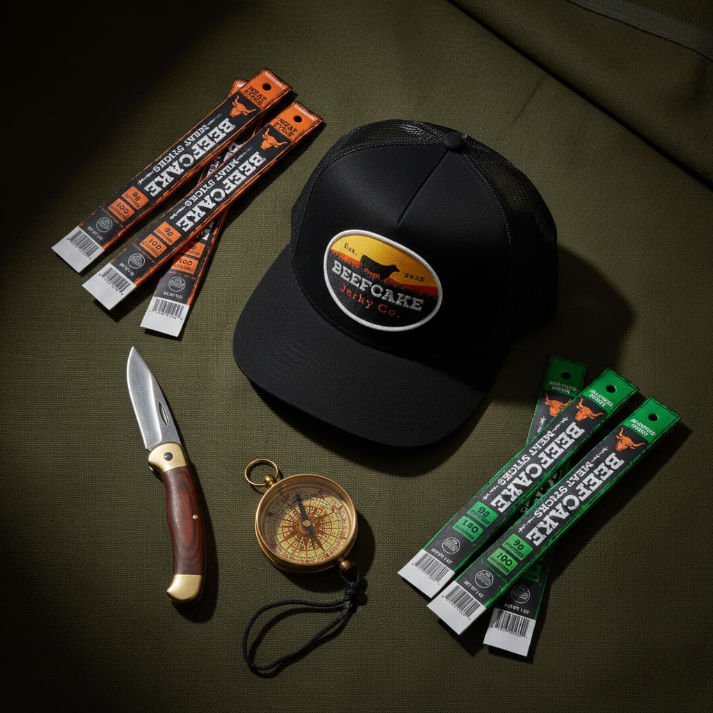 Beefcake Jerky meat sticks and branded merchandise bundle