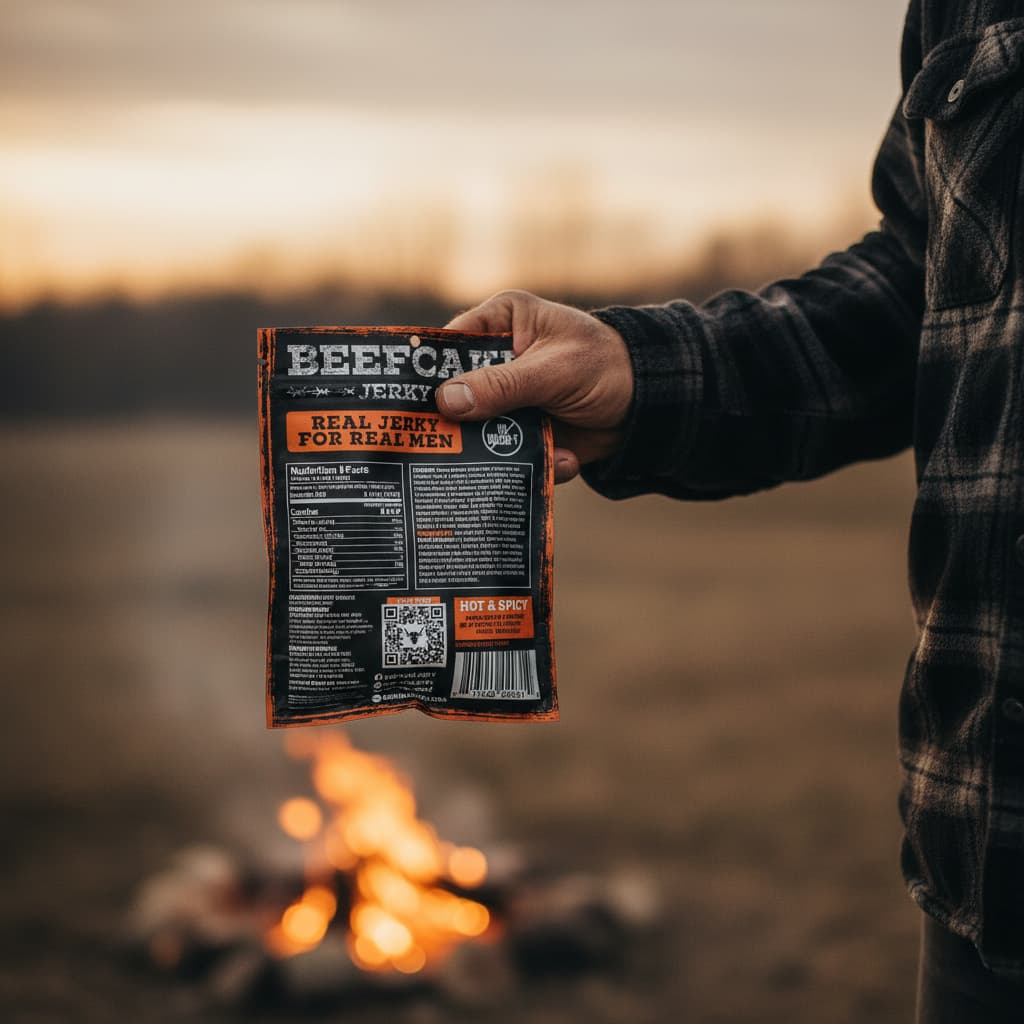 Beefcake Jerky products at a campfire setting