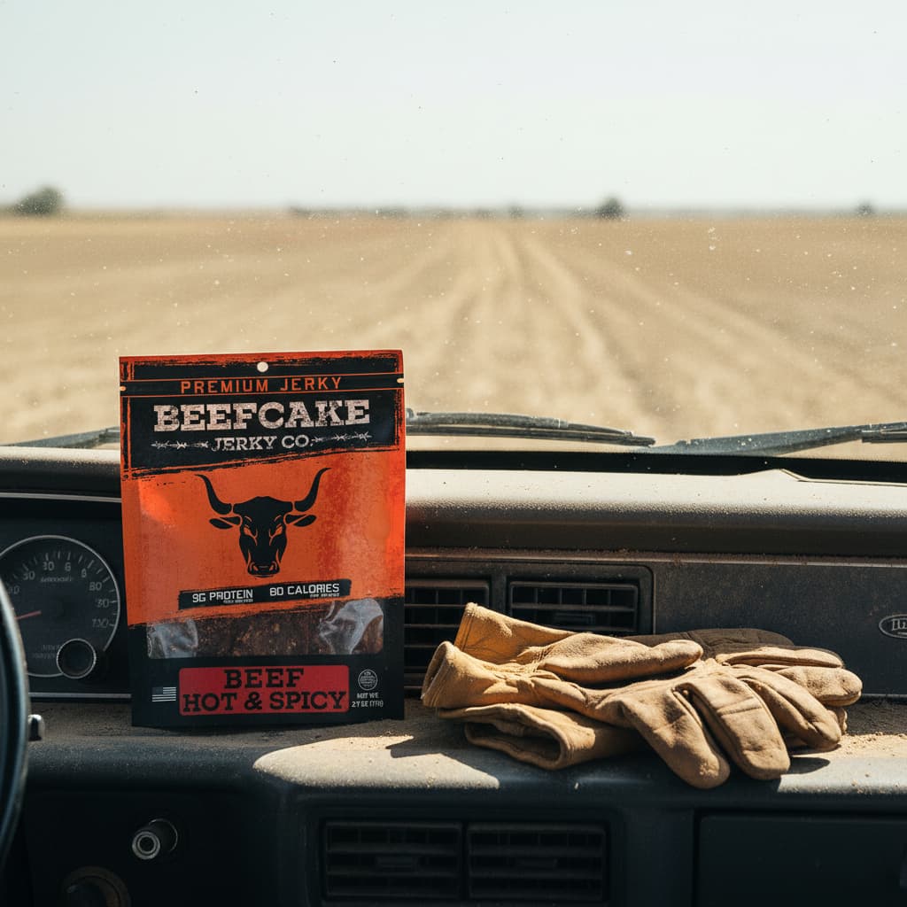 Beefcake Jerky on a dusty truck dashboard
