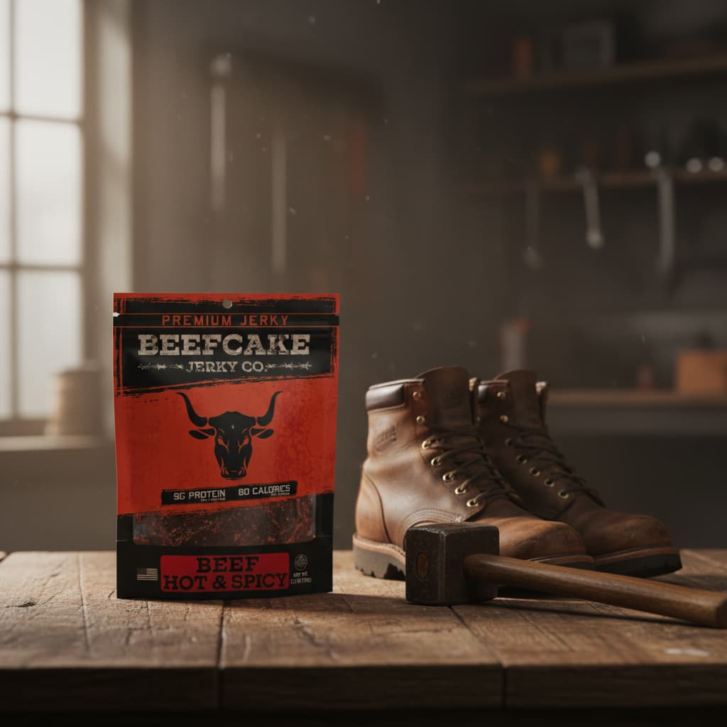 Beefcake Jerky in a rugged workshop environment