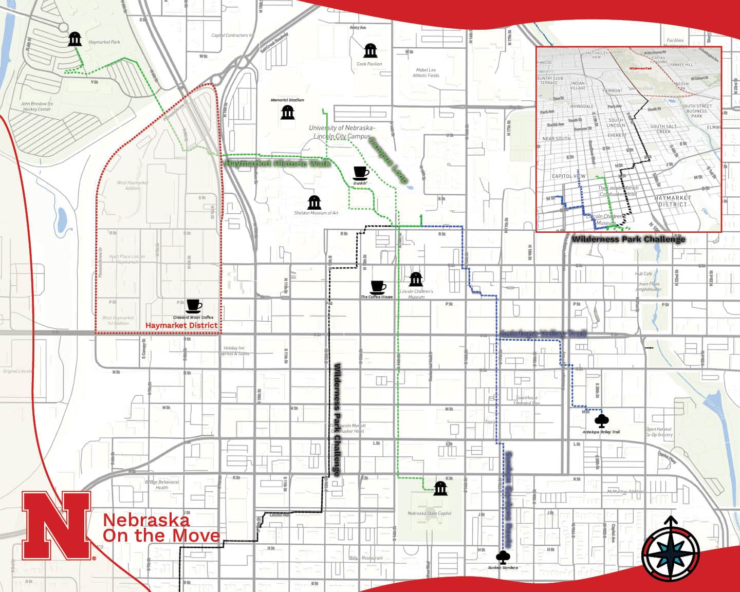 Detail of the Nebraska on the Move map showing route overlays